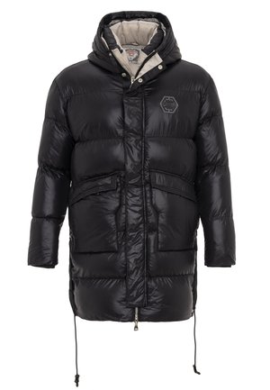 Black padded jacket featuring a hood, zip closure, two front pockets, and a logo detail on the chest. Smooth, shiny fabric with insulation.
