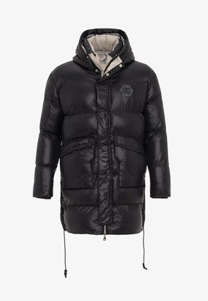 Schwarze gepolsterte Jacke mit Kapuze, Reißverschluss, zwei Fronttaschen und Logodetail auf der Brust. Glattes, glänzendes Material mit Isolation.