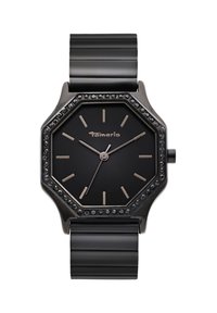Schwarze achteckige Uhr mit glänzender Oberfläche, ausgestattet mit einer mit Kristallen verzierten Lünette und einem schwarzen, gerippten Armband. Minimalistisches Zifferblatt mit goldenen Zeigern.