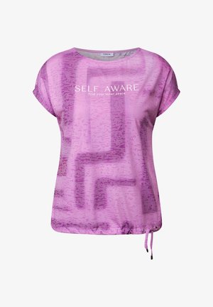 Camiseta de manga corta morada con un patrón texturizado, que presenta el texto "AUTO CONSCIENTE encuentra tu paz interior" en blanco. Dobladillo ajustable con cordón.