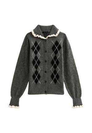 Cardigan grigio con motivi argyle in bianco e nero, polsini a costine, colletto arricciato e chiusura con bottoni. Realizzato in morbido materiale a maglia.