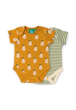Zwei Baby-Bodys: eines in Senfgelb mit Birnenmotiven, das andere mit grünen und weißen horizontalen Streifen, beide kurzärmlig und mit Druckknöpfen verschließbar.