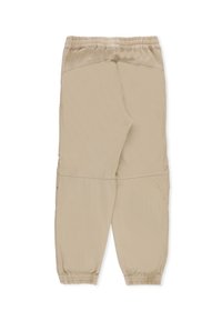 Pantaloni casual beige con elastico in vita e sui polsini, caratterizzati da dettagli di cucitura e un design a gamba dritta.