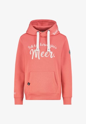 Koraalroze hoodie gemaakt van zachte stof, met een voorzak, witte trekkoord en bedrukte tekst. Bevat een logopatch op de mouw.