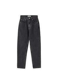 Jean en denim noir à taille haute, coupe droite, cinq poches, avec un effet délavé. Présente une étiquette avec logo au-dessus de la taille.