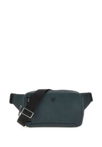 Borsa a tracolla in pelle sintetica texturizzata color teal con una tracolla nera regolabile, parti in metallo argentato e logo stampato su una patch triangolare.