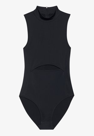 Zwarte mouwloze bodysuit met een hoge kraag, uitsnijdingen aan de zijkanten en een ritssluiting aan de achterkant. Soepele, rekbare stof.