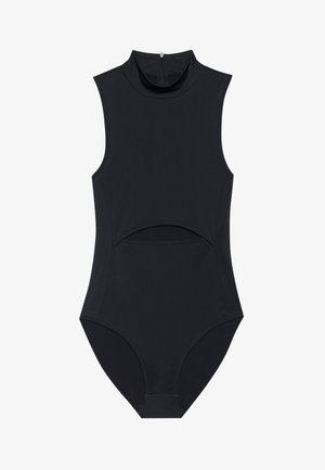 Czarny bezrękawnik z wysokim kołnierzem, wycięciami po bokach i zamkiem błyskawicznym z tyłu. Gładki, elastyczny materiał.
