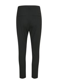 Pantalon noir ajusté vu de dos avec passants pour ceinture et deux poches à fentes horizontales.