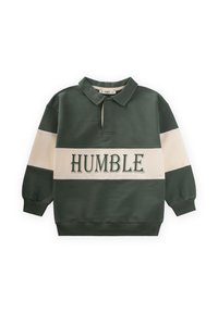 Ciemnozielony sweter z kołnierzykiem. Posiada kremowe poziome paski oraz słowo "HUMBLE" w zielonym, wyhaftowane z przodu.