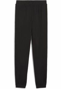 Pantalones de chándal tipo tapered negros, confeccionados en una tela suave, con cintura y puños elásticos, de textura lisa y sin patrones visibles.