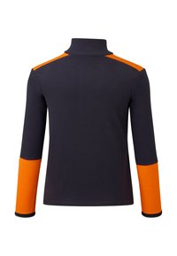 Fleecejakke med høj krave, blå krop og klare orange detaljer på skuldre og ærmer. Blød tekstur med lange ærmer.