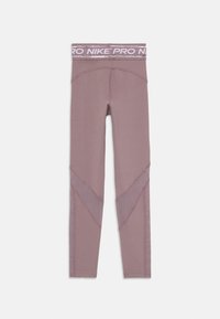 Leggings Nike Pro en mauve avec une large ceinture texturée. Présente des accents en maille sur le bas des jambes, offrant une silhouette ajustée.