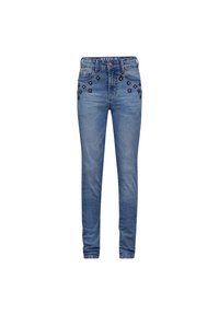 Vaqueros ajustados en denim azul claro con bordado floral en los bolsillos delanteros y un diseño clásico de cinco bolsillos. Cintura de altura media.
