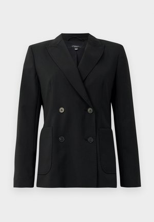 Black double-breasted blazer made of structured fabric, featuring notch lapels, two front pockets, and four black buttons.