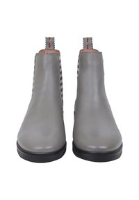 Stivali alla caviglia in pelle grigia con pannelli laterali elasticizzati caratterizzati da un motivo a strisce. Punta arrotondata e suola piatta in gomma. Accento rosso sul retro.