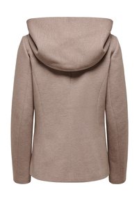 Beige women's coat with long sleeves and a large hood, shown from the back, made of textured fabric.