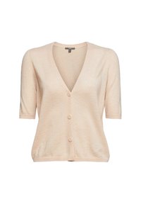 Kurzarm-V-Ausschnitt Cardigan aus weichem Pfirsich-Strickstoff, mit fünf Knöpfen auf der Vorderseite und einer lockeren Passform. Leichte Textur.