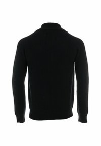 Pull en tricot côtelé noir avec col haut et longues manches raglan, en tissu uni et texturé.