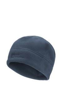 Donkerblauwe fleece muts met Jack Wolfskin-logo geborduurd op de voorkant, ontworpen voor warmte in koud weer.