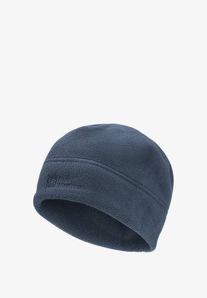 Dunkelblaues Fleece-Mütze mit aufgesticktem Jack Wolfskin-Logo auf der Vorderseite, entworfen für Wärme bei kaltem Wetter.