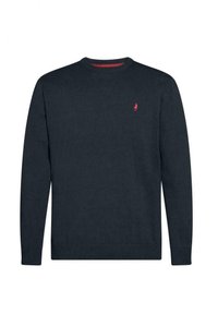 Maglione lavorato a maglia blu navy con scollatura rotonda, polsini e orlo a coste, caratterizzato da un piccolo logo rosso sul petto. Texture morbida, design casual.
