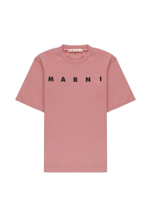 T-shirt rosa polveroso a maniche corte con scritta nera "MARNI" al centro del petto e scollo rotondo.