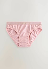 Gaiši rozā kokvilnas bikini apakšveļa ar elastīgu jostu, uz kuras ir zelta "next" logo un divi mazi sirds simboli uz vienkārša fona.