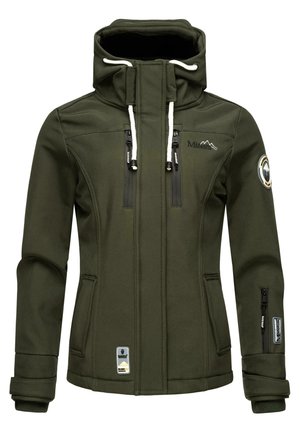 Olive green jacket with a high collar, zippered pockets, and elastic cuffs. Features logo patches and drawstrings at the hood.