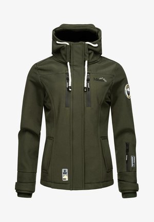 Jachetă verde măslinie cu guler înalt, buzunare cu fermoar și manșete elastice. Include insigne cu logo și șnururi la glugă.