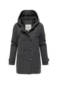 Mørkegrå uldblandingsfrakke med hætte, forsynet med toggle-lukninger, to forlommer og knapmanchetter. Glat tekstur og struktureret design.