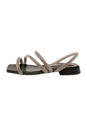 Sandalo con cinturini, suola in pelle nera e cinturini in tessuto grigio chiaro. Punta quadrata e tacco basso a blocco. Design minimalistico, senza decorazioni visibili.