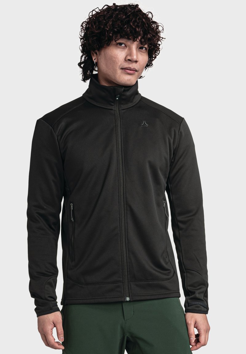 Schwarze Zip-Jacke mit langen Ärmeln, Seitentaschen und hohem Kragen. Strukturiertem Material mit kontrastierenden Akzenten an den Schultern.