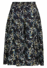 Černá sukně se skládacími pásky v pase, s živým listovým vzorem v bílé, žluté a modré na černém pozadí; lehká tkanina.