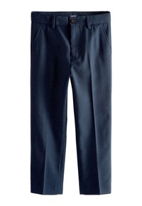 Pantaloni sartoriali blu navy in tessuto strutturato, con chiusura a bottone, tasche frontali e design a gamba dritta.