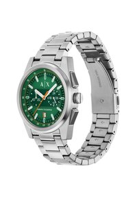 Stainless steel watch with a green dial, white hour markers, orange second hand, and a silver link bracelet with a fold-over clasp.