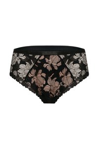 Czarne koronkowe majtki z beżowym kwiatowym wzorem, z falistymi krawędziami i kontrastującym czarnym pasem w talii. Gładka faktura, fason z talią średniego wzrostu.