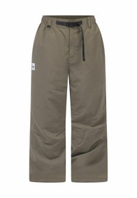 Lässig geschnittene olivgrüne Hose mit elastischem Bund, integriertem schwarzen Gürtel und Logopatch am linken Oberschenkel.