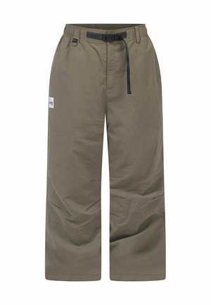 Loose-fit olive green pants with elastic waistband, integrated black belt, and logo patch on the left thigh.