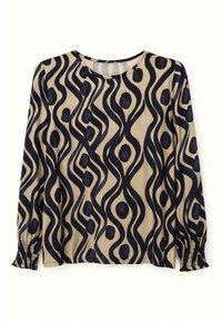 Långärmad blus i beige med marinblå abstrakt vågmönster, rund halsringning och elastiska manschetter för ökad passform och textur.