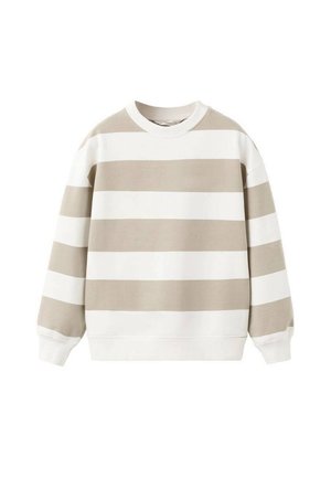 Sweatshirt en coton avec des rayures horizontales beige et blanches, col rond, poignets et ourlet côtelés. Texture douce, design décontracté.