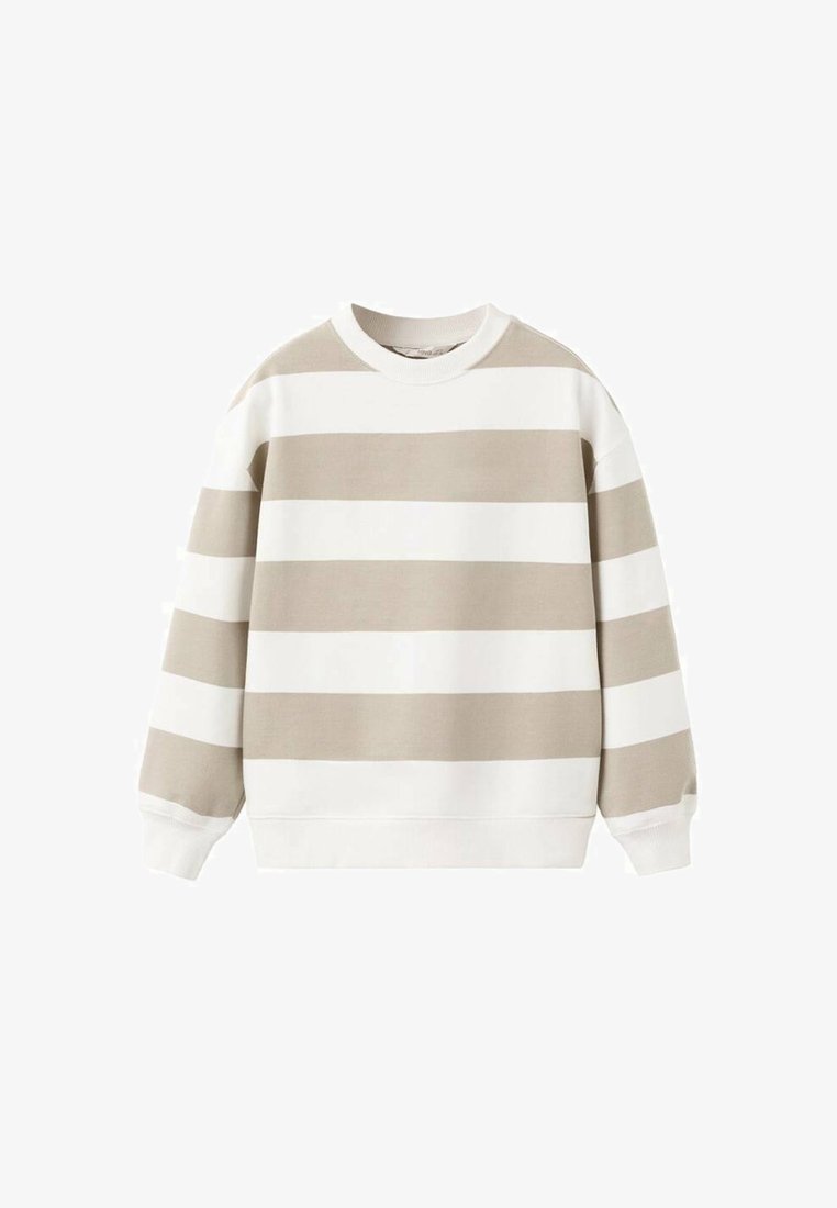 Bawełniana bluza z poziomymi beżowo-białymi paskami, okrągłym dekoltem oraz ściągaczami przy mankietach i na dole. Miękka w dotyku, casualowy design.