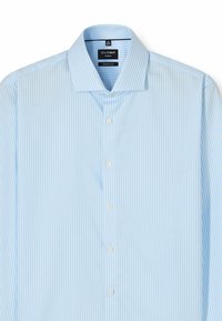 Hellblau gestreifte Hemd in super schlanker Passform, aus Baumwolle hergestellt. Verfügt über einen Kentkragen und weiße Knöpfe an der Vorderseite.