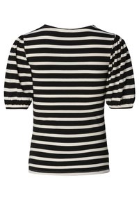 Sort-hvid stribet bluse med korte pufærmer, rund halsudskæring og ribbet tekstur. Skjorten har en tætsiddende silhuet.