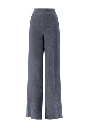 Weit geschnittene, hoch taillierte Hose aus dunkelgrauem Denimstoff mit sauberer Vorderseite ohne sichtbare Taschen oder Verzierungen.