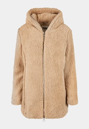 Beige-farbene Kunstfelljacke mit Kapuze, Reißverschluss vorne, langen Ärmeln und lässiger Passform. Das strukturierte Material sorgt für Wärme und Komfort.