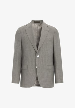 Harmaa teksturoitu bleiseri, jossa on huippulaput, yhden napin sulkeminen, kaksi etutaskua ja satiinivuori. Tavallinen istuvuus.