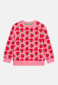 Pink sweatshirt featuring an all-over strawberry pattern with green leaves. Ribbed cuffs and neckline in a slightly darker pink. Soft texture.