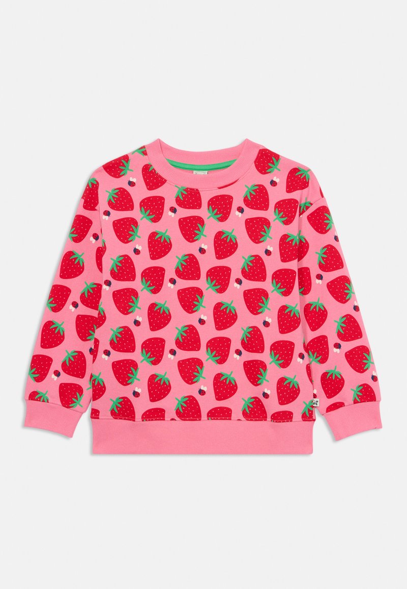 Pink sweatshirt featuring an all-over strawberry pattern with green leaves. Ribbed cuffs and neckline in a slightly darker pink. Soft texture.