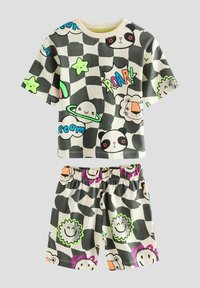 Kurze Baumwollbekleidung mit Schachbrettmuster, die bunte Cartoon-Tiere und Planeten zeigt. Elastischer Bund an den Shorts.